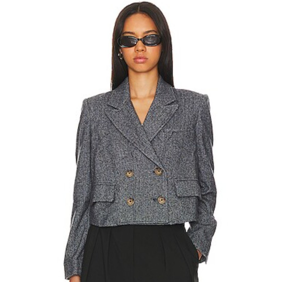 Free People Tailored Heritage Tweed Chevron Double Breasted Cropped Blazer Blue - Picture 1 of 12